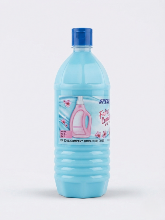 A 1-liter plastic bottle of Speed(+) Fabric Softener with a translucent light blue liquid and a blue cap, shown on a light gray background.