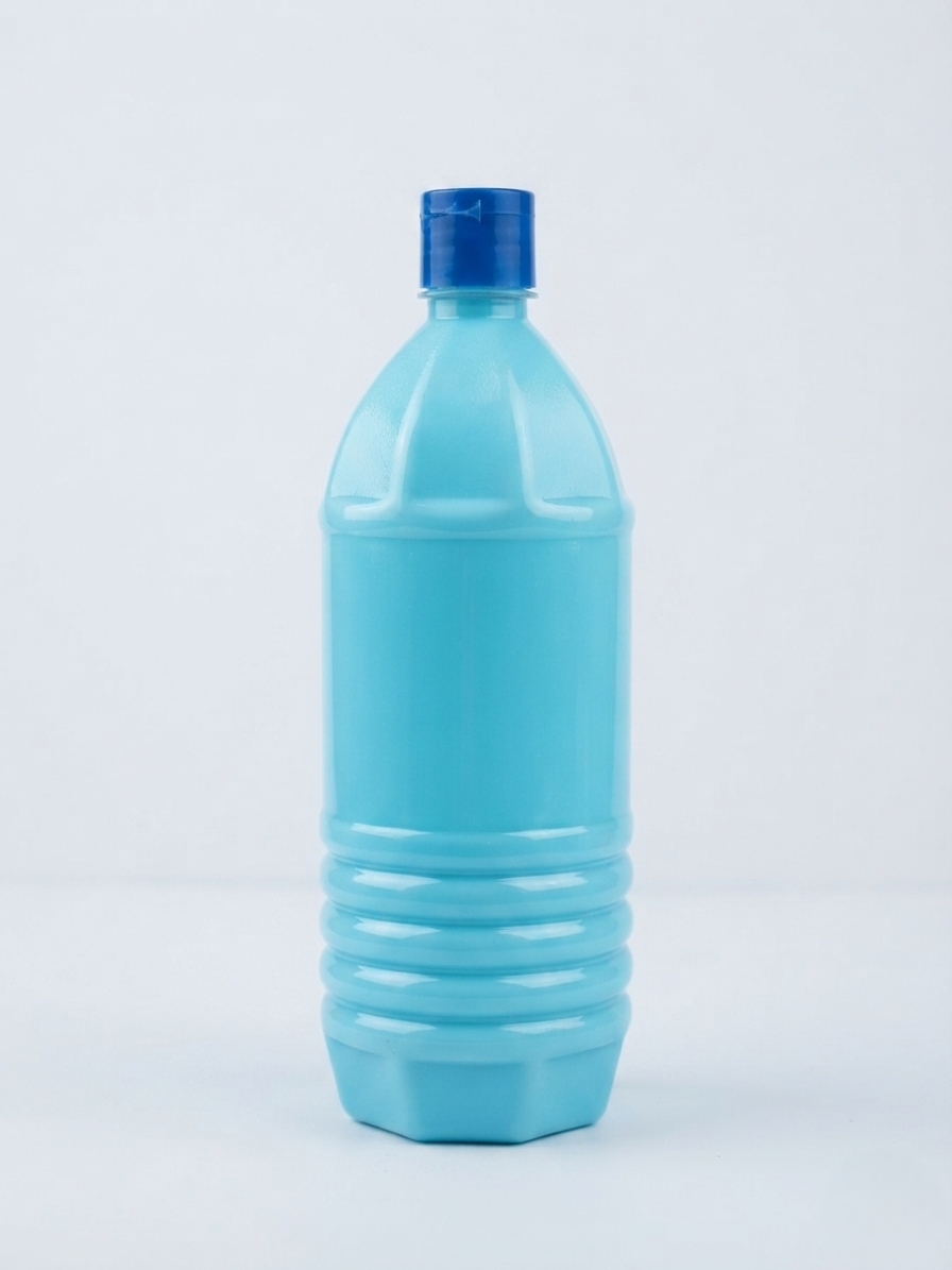 A translucent light blue plastic bottle with a ribbed base and a dark blue screw cap, shown against a plain white studio background.