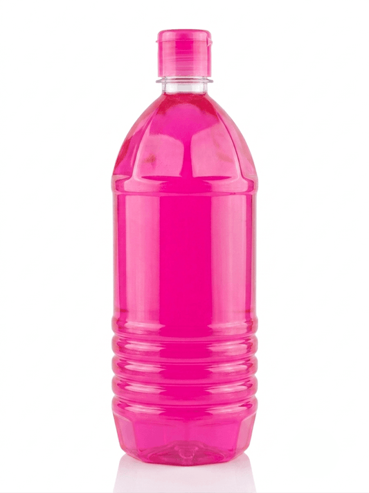 A translucent bright pink plastic bottle with a matching pink screw cap, shown on a clean white background.