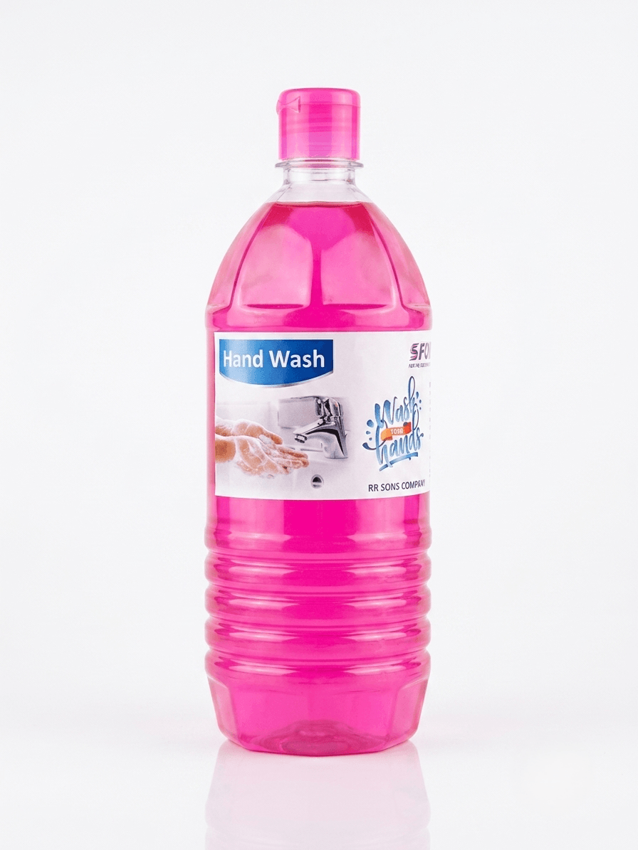 A clear plastic bottle of pink hand wash liquid with a ribbed lower section and a white label, shown on a white background with a faint reflection below.