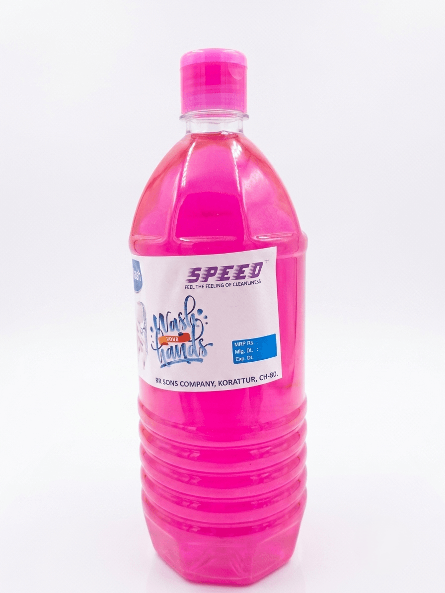 A bottle of pink liquid, likely a cleaning or cosmetic product, with a white label reading 'SPEED' and 'Wash & Clean', on a white background.