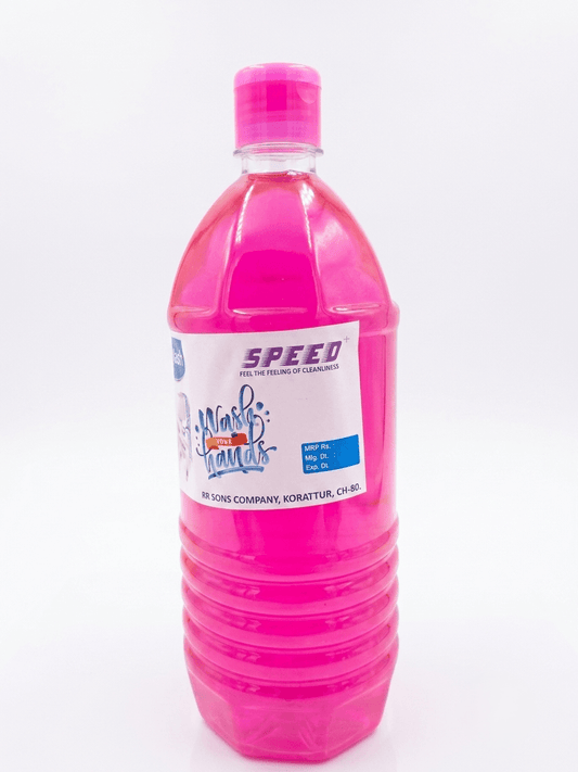 A bottle of pink liquid, likely a cleaning or cosmetic product, with a white label reading 'SPEED' and 'Wash & Clean', on a white background.